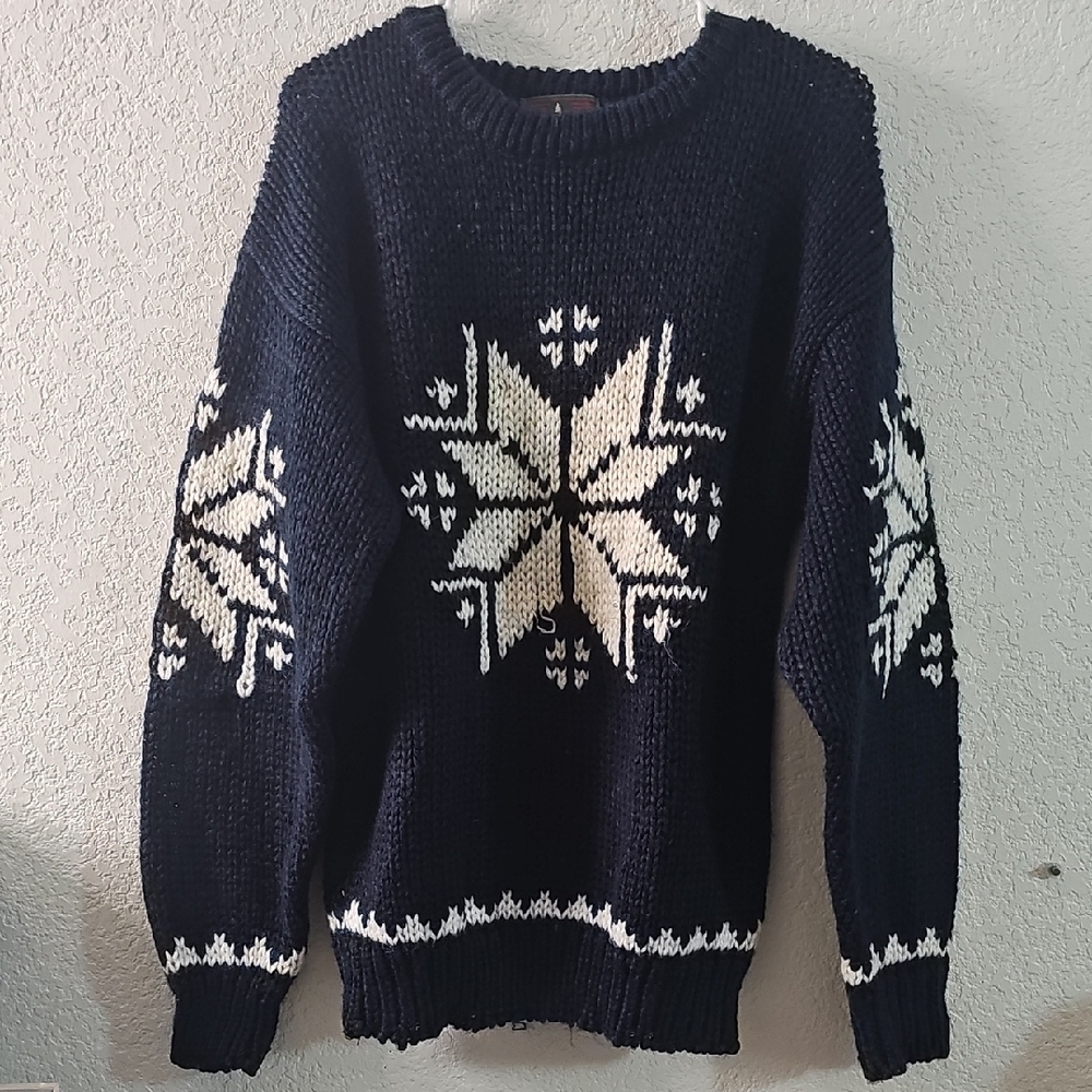 Vintage High Sierra by Mervin's Navy Blue White Snowflake Design Sweater Sz M